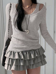 GRAY LAYERED RUFFLE SKIRT AND LONG SLEEVE KNIT TOP SET SLIM FIT