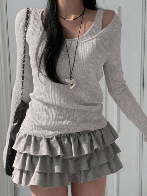 GRAY LAYERED RUFFLE SKIRT AND LONG SLEEVE KNIT TOP SET SLIM FIT