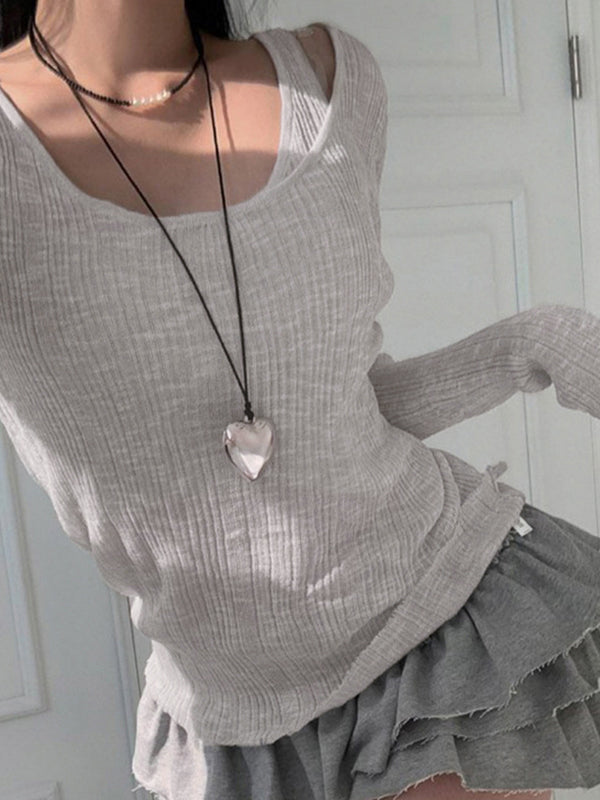GRAY LAYERED RUFFLE SKIRT AND LONG SLEEVE KNIT TOP SET SLIM FIT