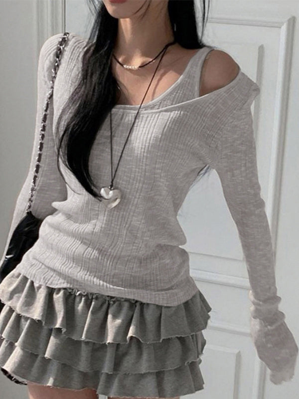 GRAY LAYERED RUFFLE SKIRT AND LONG SLEEVE KNIT TOP SET SLIM FIT