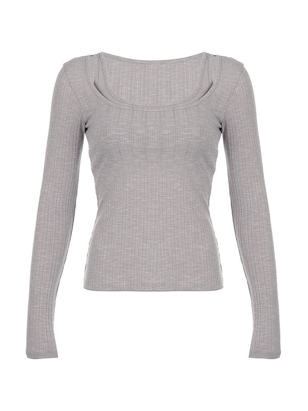 GRAY LAYERED RUFFLE SKIRT AND LONG SLEEVE KNIT TOP SET SLIM FIT