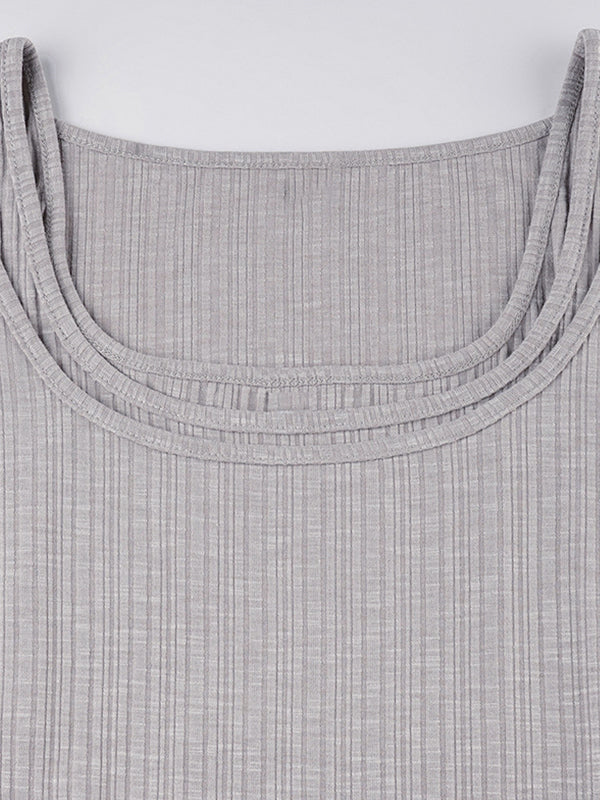 GRAY LAYERED RUFFLE SKIRT AND LONG SLEEVE KNIT TOP SET SLIM FIT