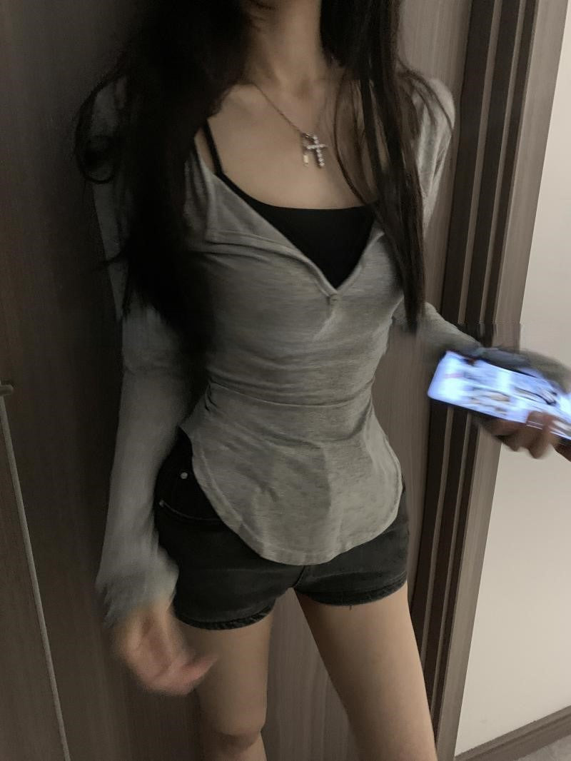 GRAY LONG SLEEVE SHIRT V-NECK SLIM FIT DESIGN