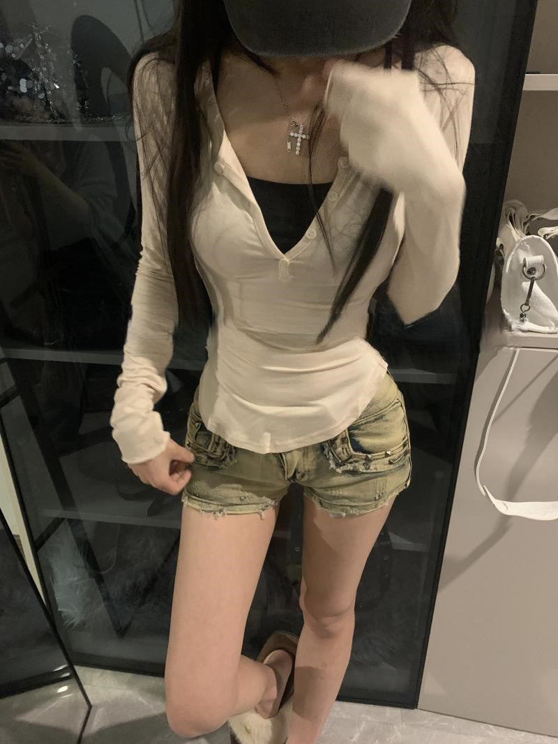 GRAY LONG SLEEVE SHIRT V-NECK SLIM FIT DESIGN