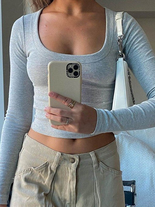 GRAY LONG-SLEEVED CROP TOP SLIM FIT COTTON BLEND KNIT PIECE