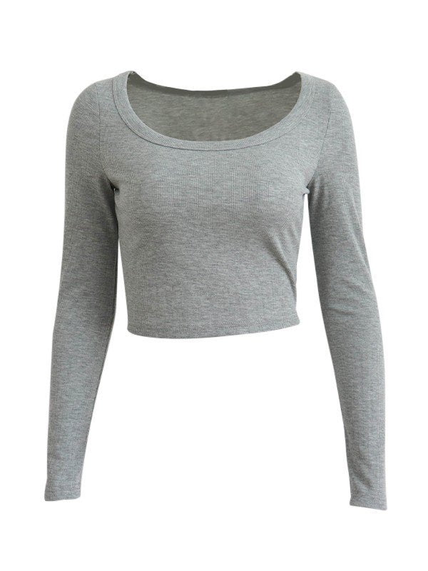 GRAY LONG-SLEEVED CROP TOP SLIM FIT COTTON BLEND KNIT PIECE