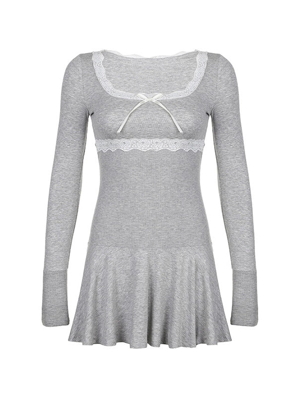 GRAY LONG-SLEEVED MINI DRESS WITH LACE INSERT AND SQUARE NECKLINE