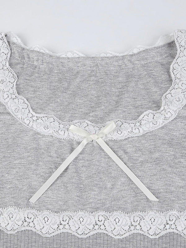 GRAY LONG-SLEEVED MINI DRESS WITH LACE INSERT AND SQUARE NECKLINE
