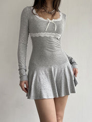 GRAY LONG-SLEEVED MINI DRESS WITH LACE INSERT AND SQUARE NECKLINE