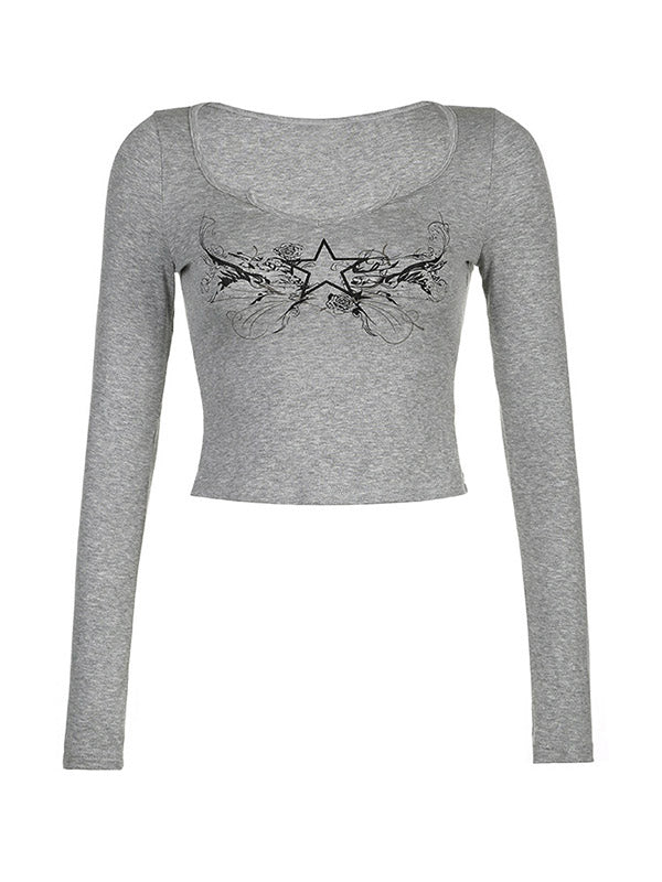 GRAY LONG-SLEEVED TOP WITH CROPPED NECKLINE STAR PRINT DESIGN