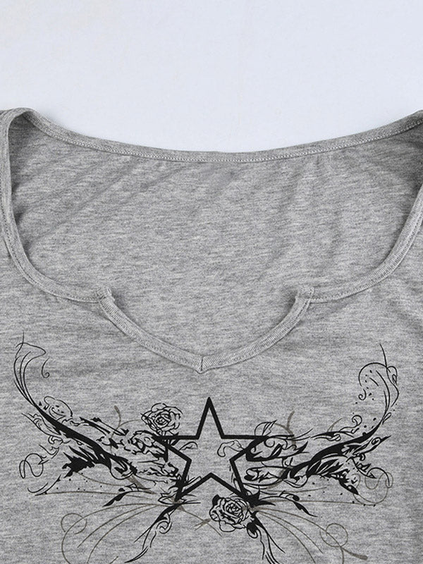 GRAY LONG-SLEEVED TOP WITH CROPPED NECKLINE STAR PRINT DESIGN
