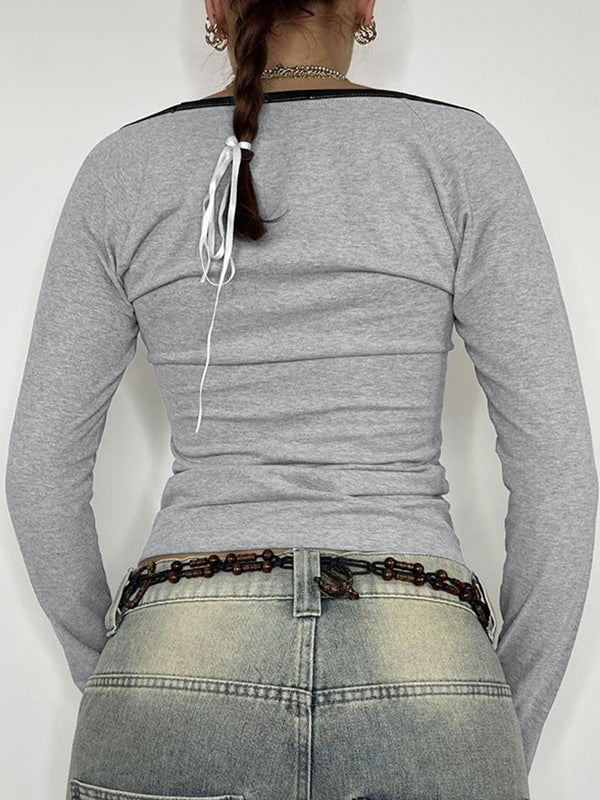 GRAY LONG-SLEEVED TOP WITH TRENDY LETTER PRINT DESIGN