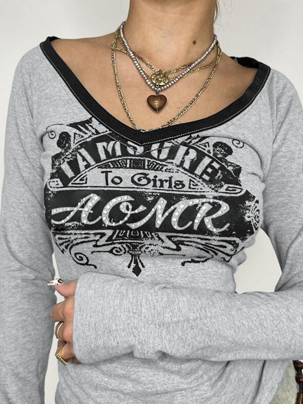 GRAY LONG-SLEEVED TOP WITH TRENDY LETTER PRINT DESIGN