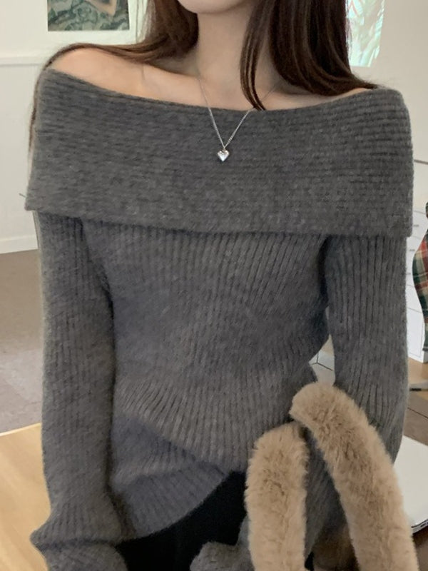GRAY OFF-THE-SHOULDER KNIT SWEATER WITH LONG SLEEVES