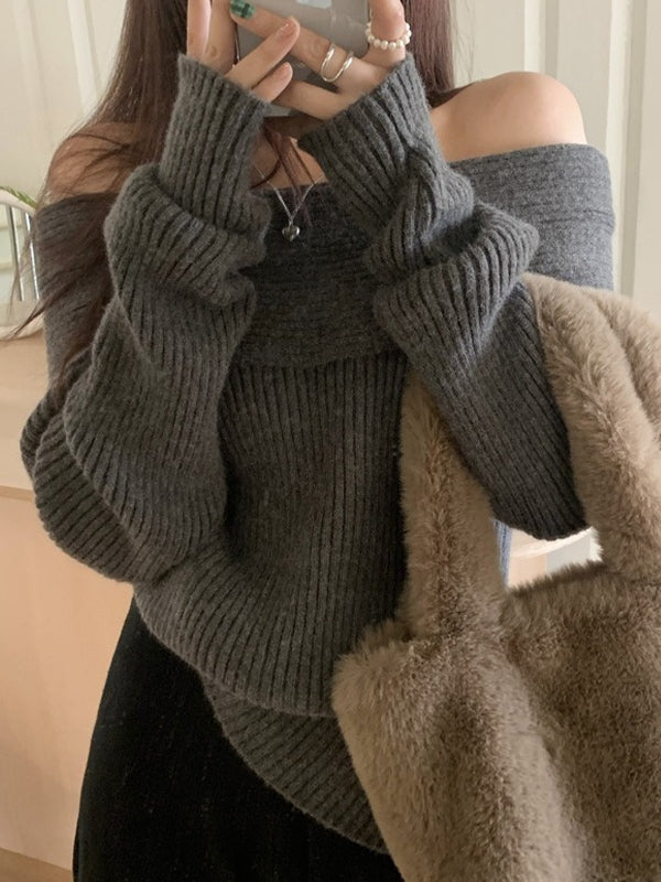 GRAY OFF-THE-SHOULDER KNIT SWEATER WITH LONG SLEEVES