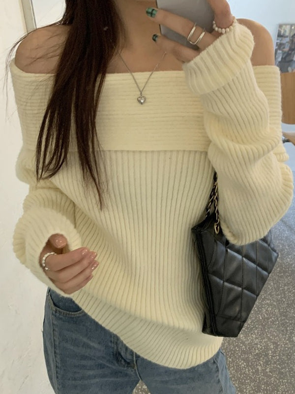 GRAY OFF-THE-SHOULDER KNIT SWEATER WITH LONG SLEEVES
