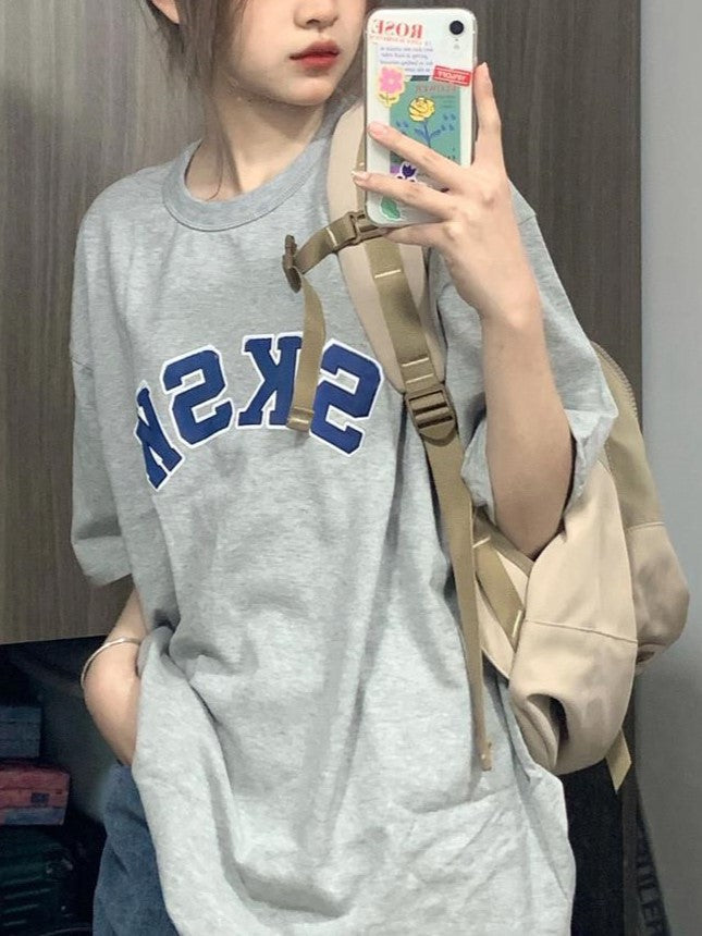 GRAY OVERSIZED T-SHIRT WITH BLUE LETTERING AND VINTAGE PRINT