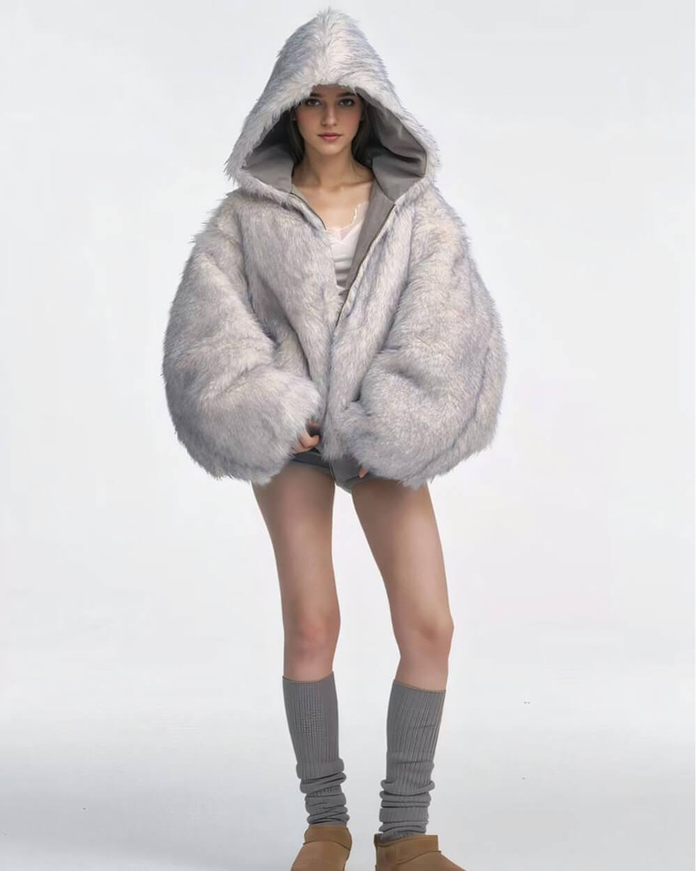 GRAY REVERSIBLE FAUX FUR HOODED JACKET