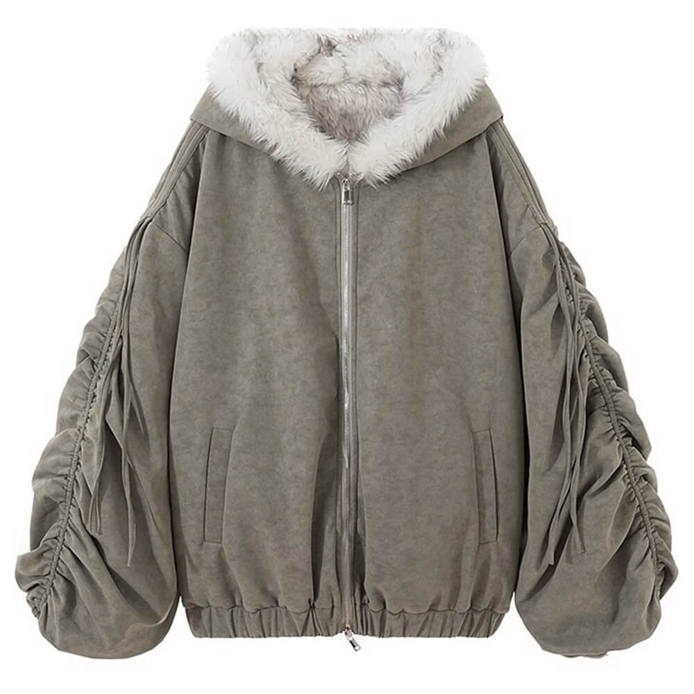 GRAY REVERSIBLE FAUX FUR HOODED JACKET