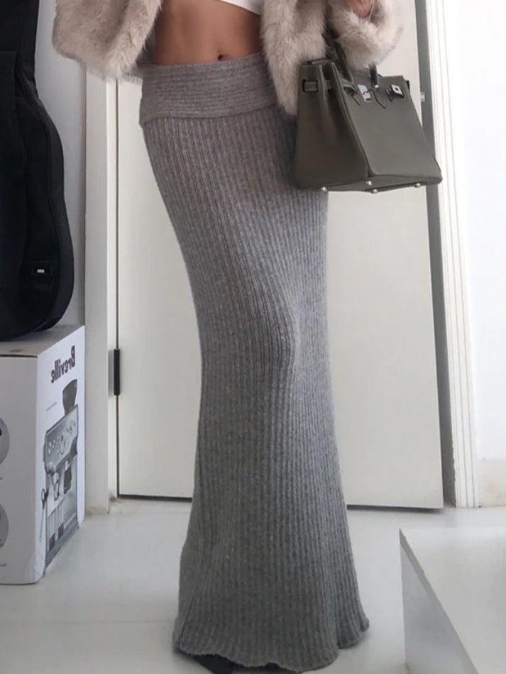 GRAY RIBBED KNIT MAXI SKIRT WITH TRENDY FOLDED WAISTBAND