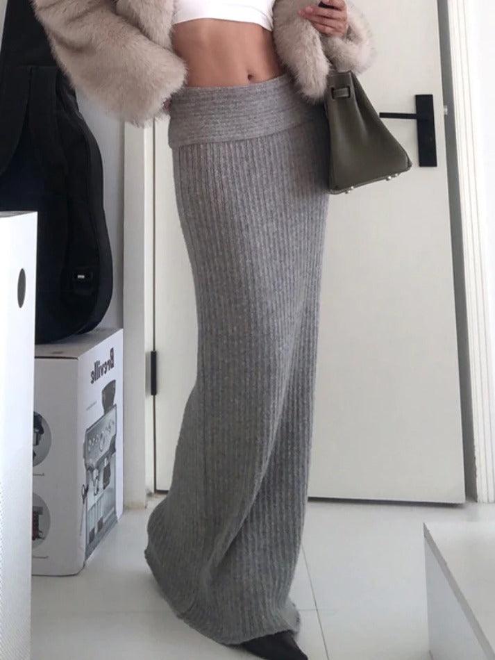 GRAY RIBBED KNIT MAXI SKIRT WITH TRENDY FOLDED WAISTBAND