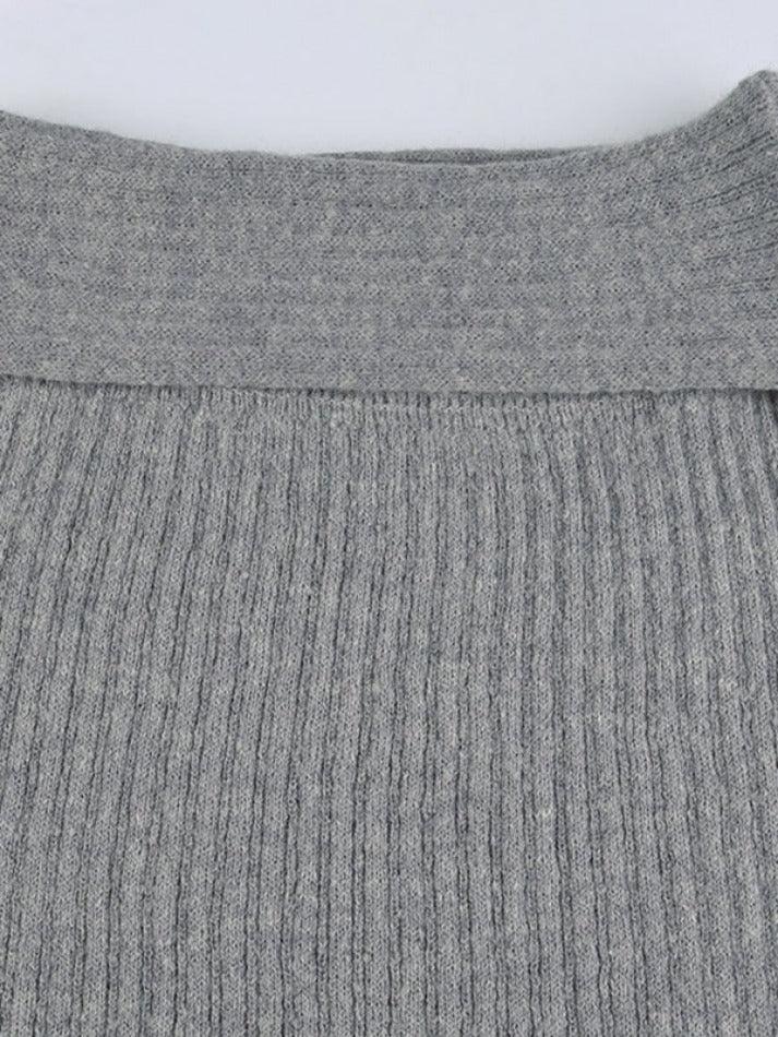 GRAY RIBBED KNIT MAXI SKIRT WITH TRENDY FOLDED WAISTBAND