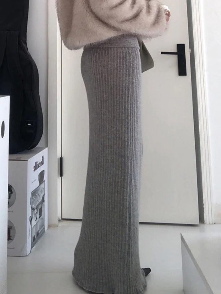 GRAY RIBBED KNIT MAXI SKIRT WITH TRENDY FOLDED WAISTBAND