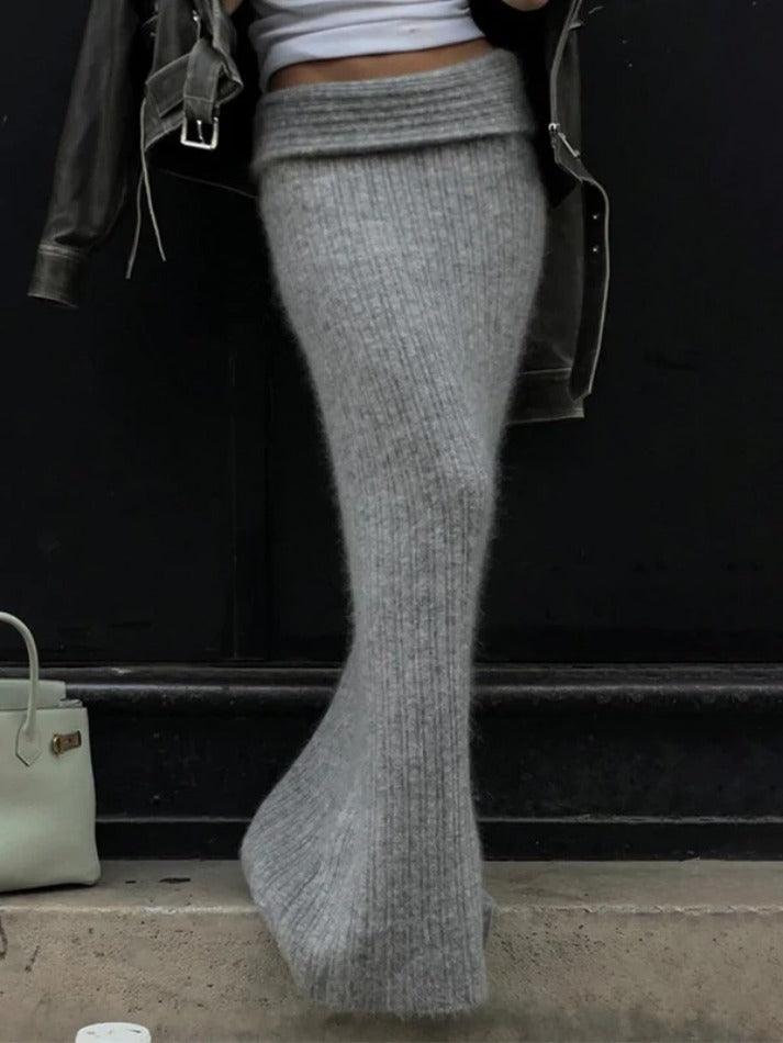 GRAY RIBBED KNIT MAXI SKIRT WITH TRENDY FOLDED WAISTBAND