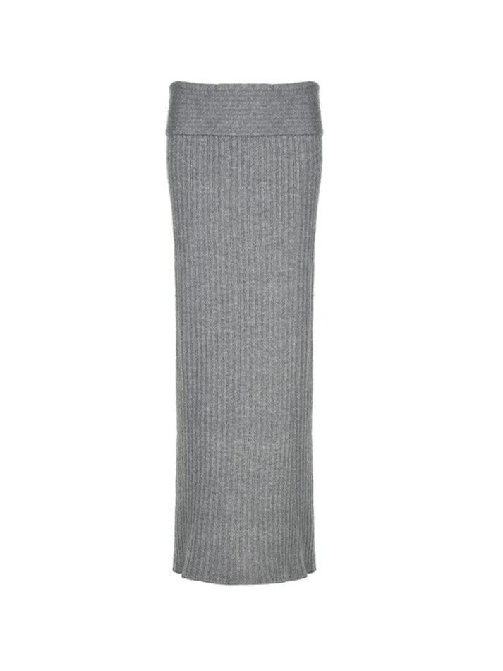 GRAY RIBBED KNIT MAXI SKIRT WITH TRENDY FOLDED WAISTBAND