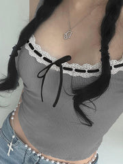 GRAY RIBBED TANK TOP WITH LACE DETAIL Y2K CONTRAST STYLE