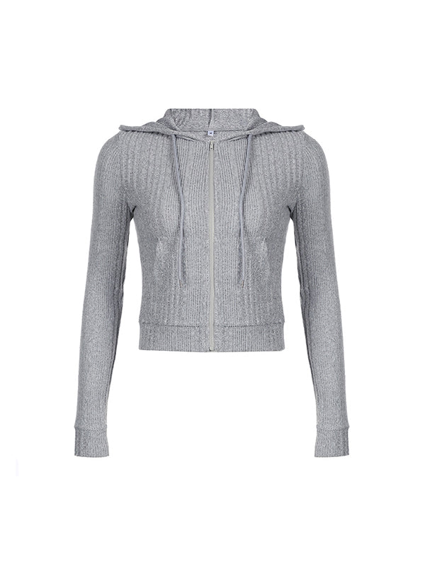 GRAY RIBBED ZIP-UP HOODIE CHIC GREY HOODIE RELAXED FIT