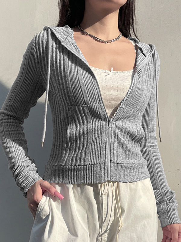 GRAY RIBBED ZIP-UP HOODIE CHIC GREY HOODIE RELAXED FIT