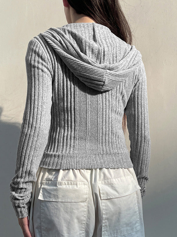 GRAY RIBBED ZIP-UP HOODIE CHIC GREY HOODIE RELAXED FIT