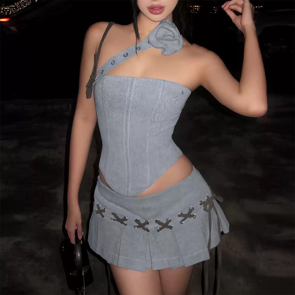 GRAY ROSETTE TOP AND PLEATED MINI SKIRT SET