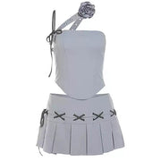GRAY ROSETTE TOP AND PLEATED MINI SKIRT SET