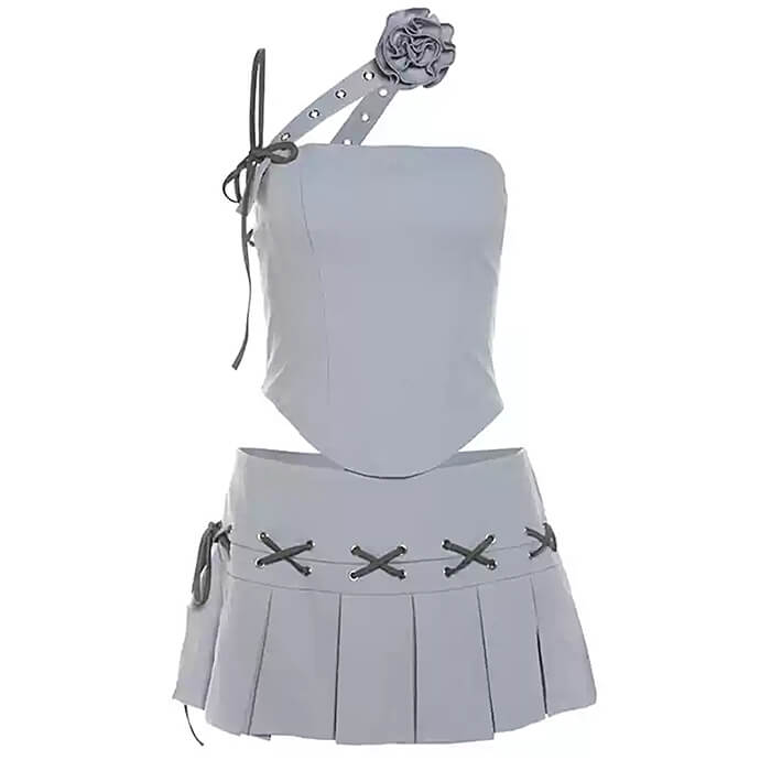 GRAY ROSETTE TOP AND PLEATED MINI SKIRT SET