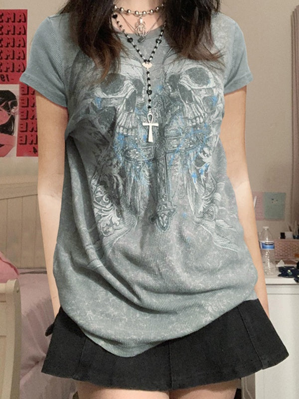 GRAY SKULL PRINT T-SHIRT FOR TRENDY STREET STYLE FASHION