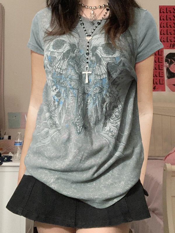 GRAY SKULL PRINT T-SHIRT FOR TRENDY STREET STYLE FASHION