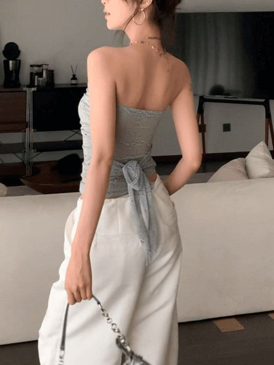 GRAY SLIM FIT BANDEAU TOP AND WHITE PANTS SET