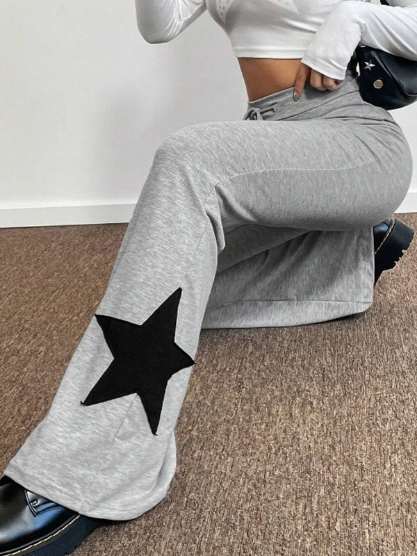 GRAY STAR-APPLIQUE FLARED SWEATPANTS HIGH ELASTIC FLARED PANTS