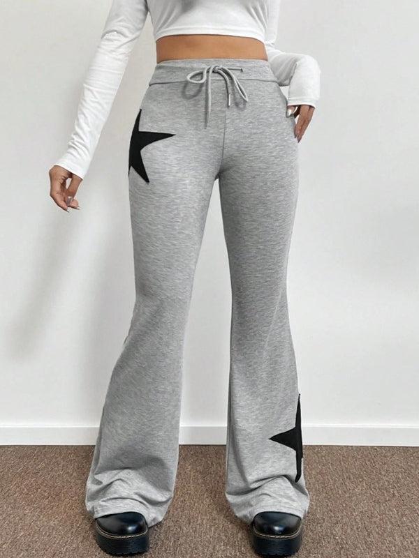 GRAY STAR-APPLIQUE FLARED SWEATPANTS HIGH ELASTIC FLARED PANTS