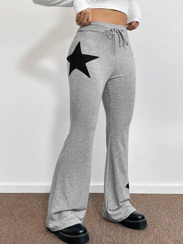 GRAY STAR-APPLIQUE FLARED SWEATPANTS HIGH ELASTIC FLARED PANTS