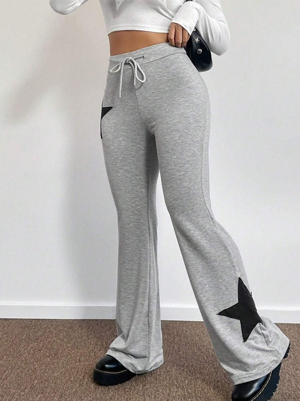 GRAY STAR-APPLIQUE FLARED SWEATPANTS HIGH ELASTIC FLARED PANTS