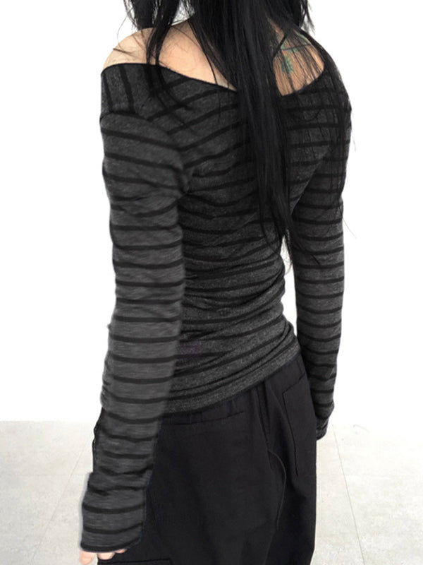 GRAY STRIPED LONG-SLEEVED ONE-SHOULDER TOP