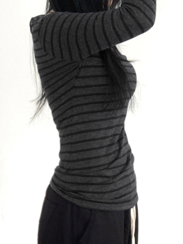 GRAY STRIPED LONG-SLEEVED ONE-SHOULDER TOP