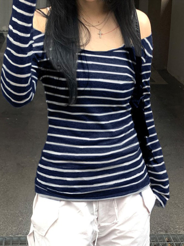 GRAY STRIPED LONG-SLEEVED ONE-SHOULDER TOP