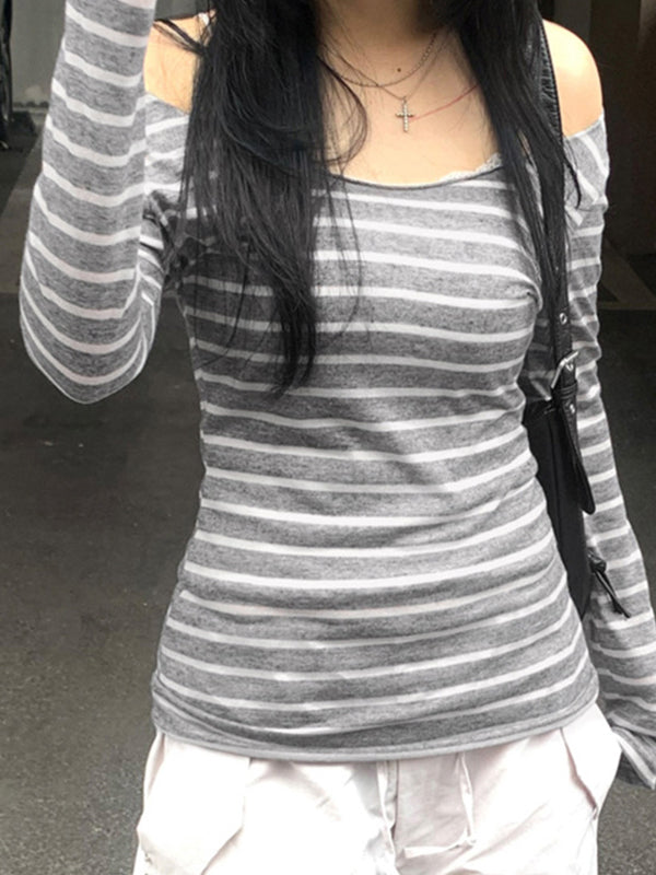 GRAY STRIPED LONG-SLEEVED ONE-SHOULDER TOP