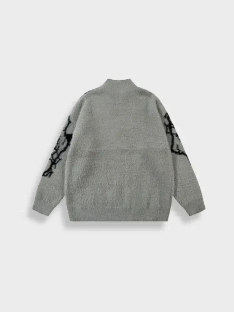 GRAY SWEATER WITH LIGHTNING BOLT DESIGN VINTAGE STREETWEAR JACKET