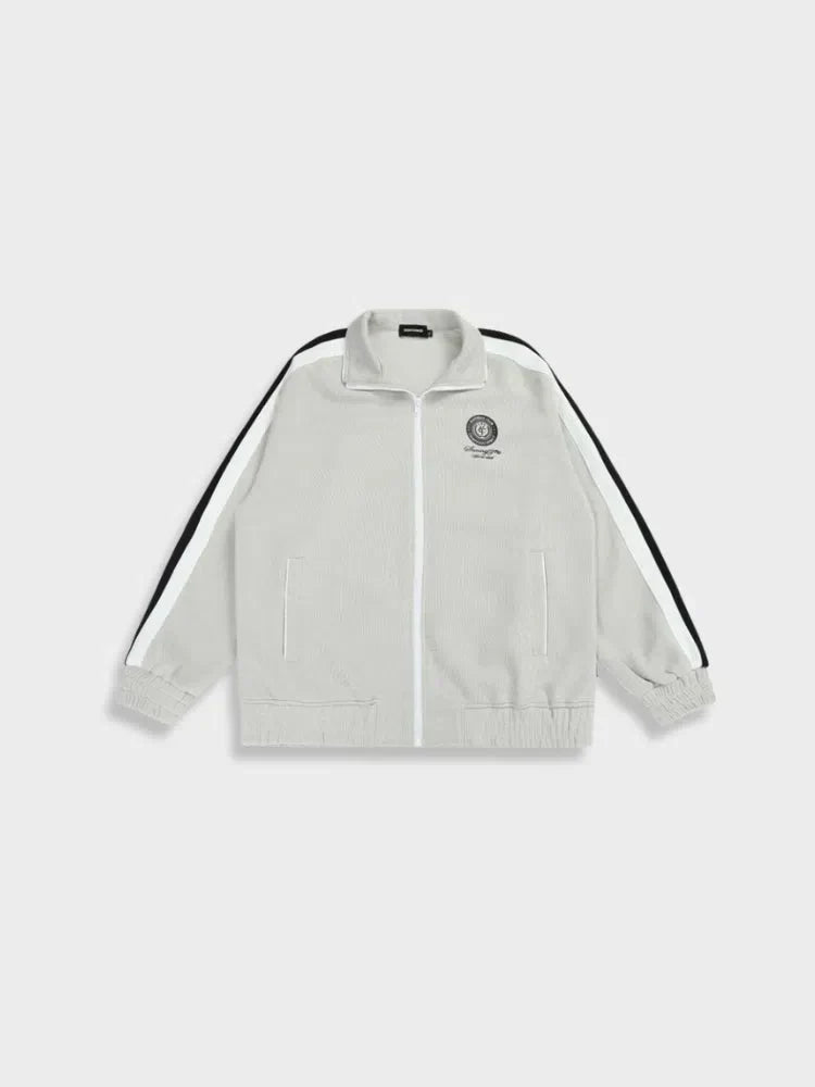 GRAY TRACK JACKET WITH STRIPED SLEEVES - OFFRE UNE STREETWEAR VINTAGE UNISEXE