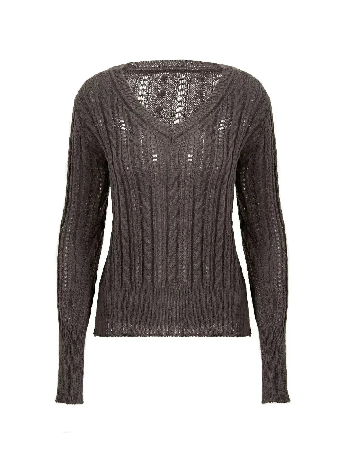 GRAY V-NECK KNIT SWEATER WITH LACE PATCHWORK CABLE DESIGN